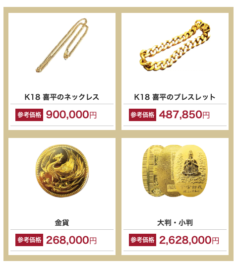 買取参考事例：K18喜平のネックレス・ブレスレット・金貨・大判小判